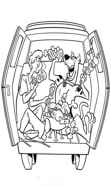 kolorowanka Scooby Doo malowanka do wydruku z bajki dla dzieci, Scooby i Kudłaty wcinają szaszłyki, do pokolorowania kredkami, obrazek nr 1